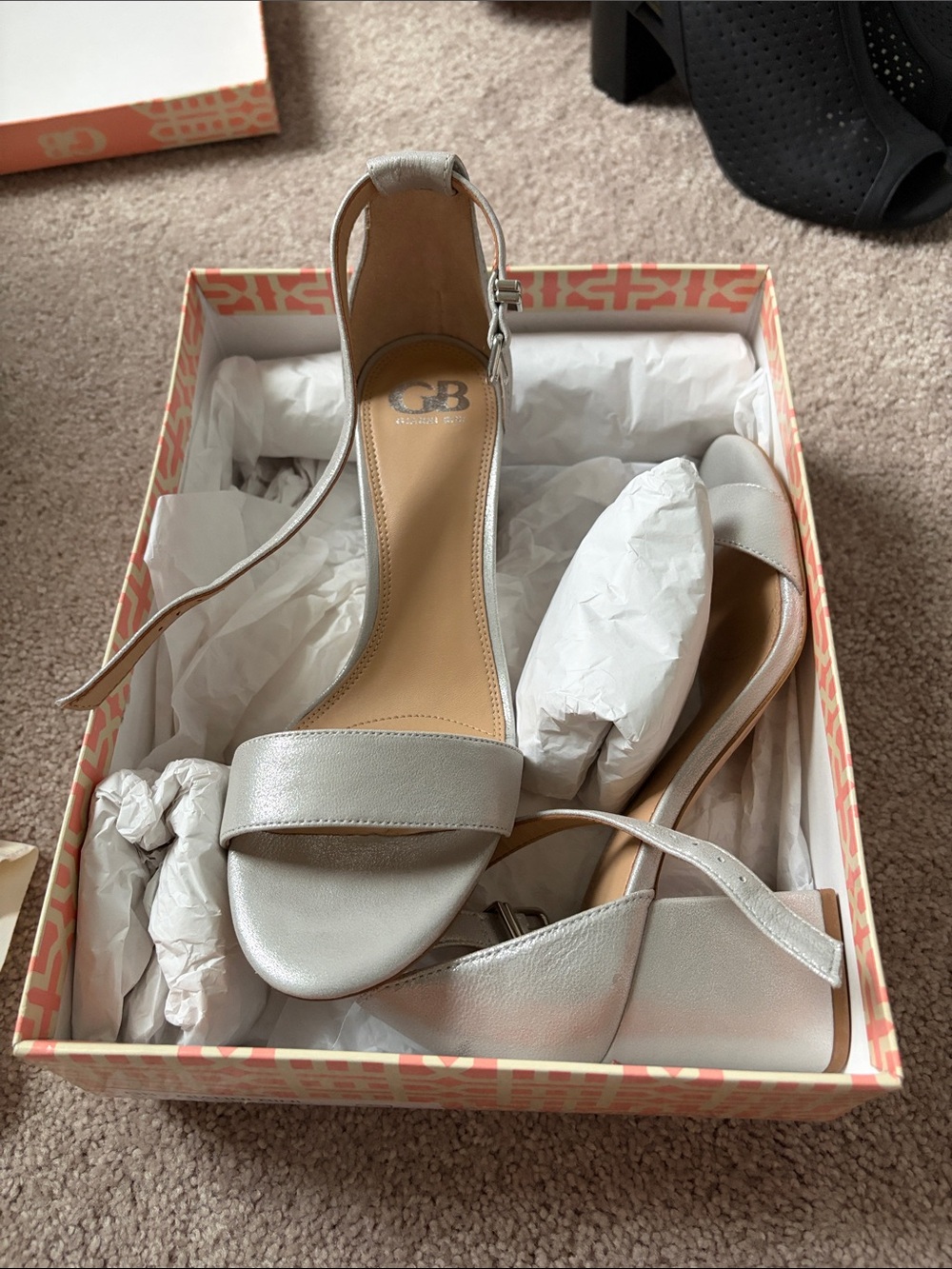 GB Women’s Metallic Silver Ankle-Strap Heeled Sandals